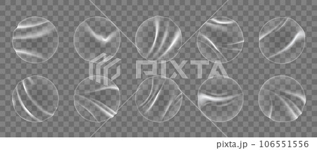 Adhesive transparent round plastic stickers, circle overlay patch. Isolated 3d vector circular badges mock up set. Crumpled sticky labels or price tags with glued effect and warp glossy texture 106551556