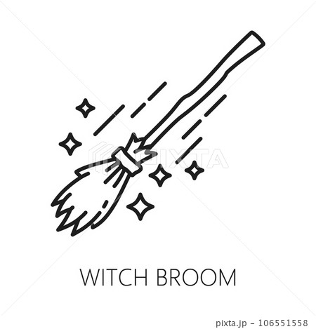 Witch broom. Witchcraft and magic icon. Esoteric, astrology, mystery. Witchcraft and sorcery item thin line symbol, black magic linear vector symbol, esoteric icon with flying broom 106551558