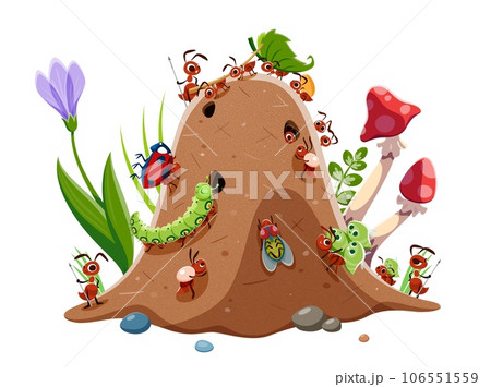 Cartoon ants characters, anthill colony. Funny insect personages with prey and foods on mound at summer lawn. Isolated vector termites pests in their nest on meadow, bugs in natural environment 106551559