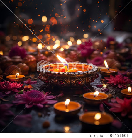Diwali festival Diya Lamp with rangoli. . High quality photo 106551601