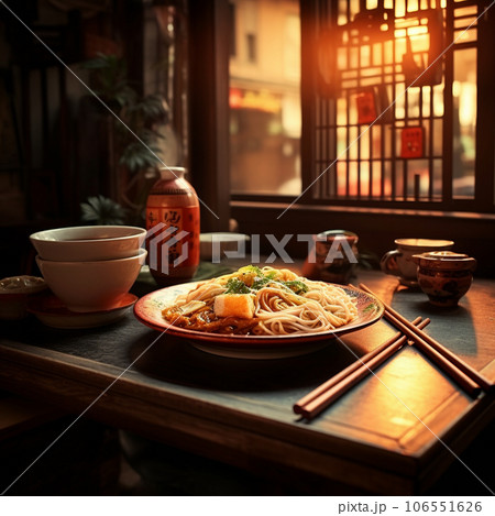 Chinese noodles in a restaurant, an Asian dish in the background of a café. High quality photo 106551626