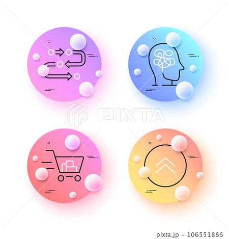 Methodology, Stress and Shopping cart minimal line icons. 3d spheres or balls buttons. Swipe up icons. For web, application, printing. Development process, Mind anxiety, Online buying. Vector 106551886