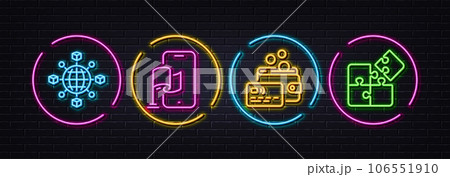 Logistics network, Location app and Card minimal line icons. Neon laser 3d lights. Puzzle icons. For web, application, printing. International tracking, Flag pin, Money wallet. Vector Logistics network, Location app and Card minimal line icons. Neon laser 3d lights. Puzzle icons. For web, application, printing. International tracking, Flag pin, Money wallet. Vector 106551910