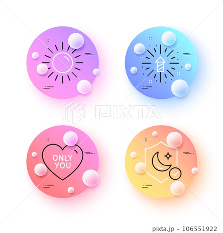 Fireworks explosion, Guard and Only you minimal line icons. 3d spheres or balls buttons. Sun icons. For web, application, printing. Pyrotechnic salute, Secure sleep, Love heart. Summer. Vector Fireworks explosion, Guard and Only you minimal line icons. 3d spheres or balls buttons. Sun icons. For web, application, printing. Pyrotechnic salute, Secure sleep, Love heart. Summer. Vector 106551922