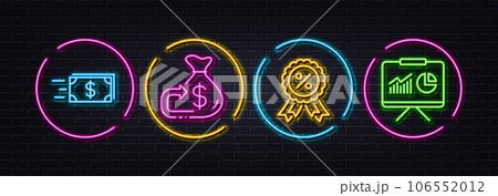 Cashback, Money transfer and Discount medal minimal line icons. Neon laser 3d lights. Presentation icons. For web, application, printing. Money budget, Cash delivery, Sale award. Vector Cashback, Money transfer and Discount medal minimal line icons. Neon laser 3d lights. Presentation icons. For web, application, printing. Money budget, Cash delivery, Sale award. Vector 106552012