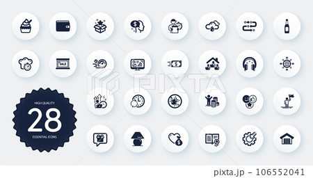 Set of Business icons, such as Money transfer, Donation and Bed bugs flat icons. Analytics graph, Speedometer, Parking garage web elements. Seo gear, Wish list, Budget profit signs. Vector 106552041