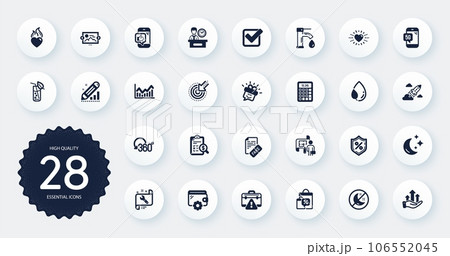 Set of Business icons, such as Presentation time, Loan percent and Sale bags flat icons. Wallet, Image carousel, Water glass web elements. Spanner, Leaf dew, Fake news signs. Moon. Vector Set of Business icons, such as Presentation time, Loan percent and Sale bags flat icons. Wallet, Image carousel, Water glass web elements. Spanner, Leaf dew, Fake news signs. Moon. Vector 106552045