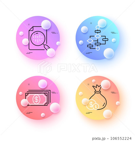 Block diagram, Analytics chart and Payment minimal line icons. 3d spheres or balls buttons. Cash icons. For web, application, printing. Algorithm path, Report analysis, Finance. Vector 106552224