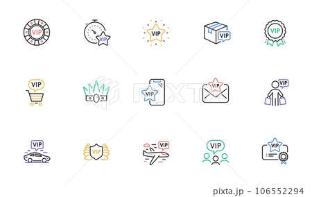 Vip line icons set. Very important person, delivery parcel, casino chips. Certificate medal, player table, vip buyer icons. Crown, casino ticket, business class flight. Membership privilege. Vector Vip line icons set. Very important person, delivery parcel, casino chips. Certificate medal, player table, vip buyer icons. Crown, casino ticket, business class flight. Membership privilege. Vector 106552294