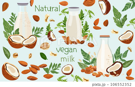 Plant based milk concept, Non dairy, plant based beverages in bottl glass, ideal for a wholesome diet. Organic lactose free milk with almond, cashew, pine nut, coconut. Organic nutrition Plant based milk concept, Non dairy, plant based beverages in bottl glass, ideal for a wholesome diet. Organic lactose free milk with almond, cashew, pine nut, coconut. Organic nutrition 106552352