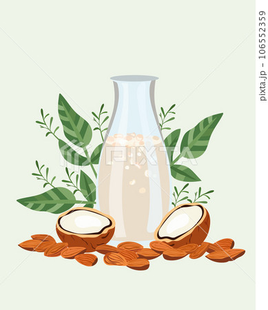 Plant based milk concept, Non dairy, plant based beverages in bottle glass, ideal for a wholesome diet. Organic lactose free milk with almond, coconut. Organic nutrition. Vector. 106552359