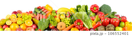 Wide collage of fresh fruits and vegetables for layout isolated on white background. 106552401