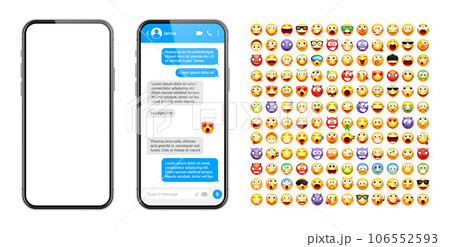 Smartphone messaging app, user interface design with emoji. SMS text frame. Chat screen with blue message bubbles. Texting app for communication. Social media application. Vector illustration 106552593
