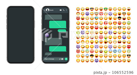 Smartphone messaging app, user interface with emoji. SMS text frame. Chat screen, green message bubbles. Texting app for communication. Social media application. Dark mode. Vector illustration Smartphone messaging app, user interface with emoji. SMS text frame. Chat screen, green message bubbles. Texting app for communication. Social media application. Dark mode. Vector illustration 106552596