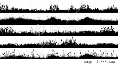 Meadow silhouettes with grass, plants on plain. Panoramic summer lawn landscape with herbs, various weeds. Herbal border, frame element. Black horizontal banners. Vector illustration Meadow silhouettes with grass, plants on plain. Panoramic summer lawn landscape with herbs, various weeds. Herbal border, frame element. Black horizontal banners. Vector illustration 106552608
