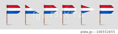 Realistic various Dutch toothpick flags. Souvenir from Netherlands. Wooden toothpicks with paper flag. Location mark, map pointer. Blank mockup for advertising and promotions. Vector illustration 106552655