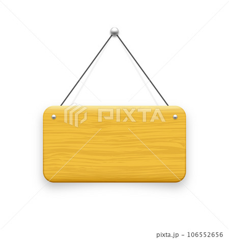 Wooden hanging signboard. Made of wood door sign for cafe, restaurant, bar or retail store. Announcement banner, information signage for business or service. Vector illustration 106552656