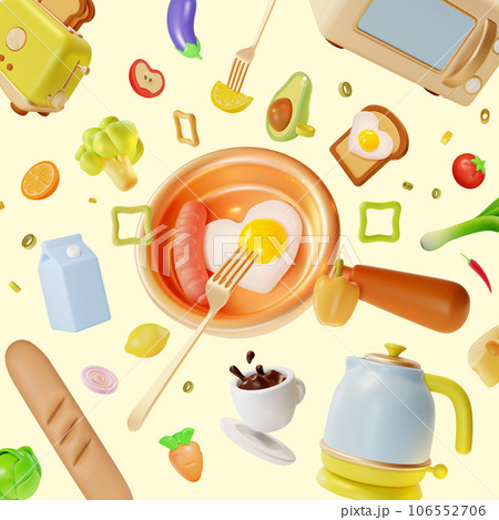 3d Kitchen Cooking and Culinary Concept Background Cartoon Style with Electric Appliances, Frying Pan and Flying Ingredients. Vector illustration 3d Kitchen Cooking and Culinary Concept Background Cartoon Style with Electric Appliances, Frying Pan and Flying Ingredients. Vector illustration 106552706