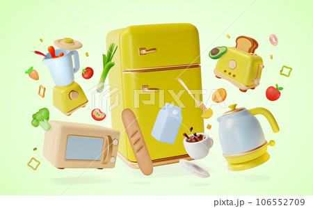3d Kitchen Cooking Concept Cartoon Style Yellow Refrigerator and Electric Appliances Around. Vector illustration of Vertical Fridge 3d Kitchen Cooking Concept Cartoon Style Yellow Refrigerator and Electric Appliances Around. Vector illustration of Vertical Fridge 106552709