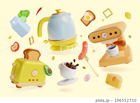 3d Kitchen Cooking Concept Cartoon Style Include of Coffee Machine with Cup, Toaster with Slices of Toasted Bread and Milk Pack. Vector illustration 106552710