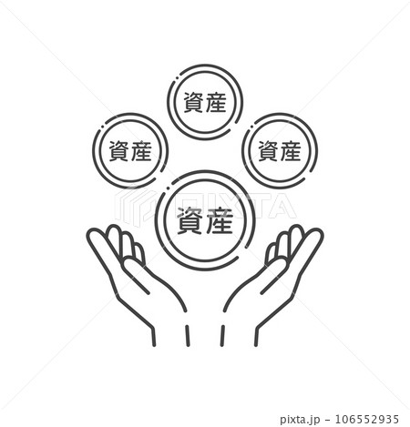 資産の文字が入った複数のコインと人の手のシンプルなアイコン - 資産運用･分散保有のイメージ 106552935