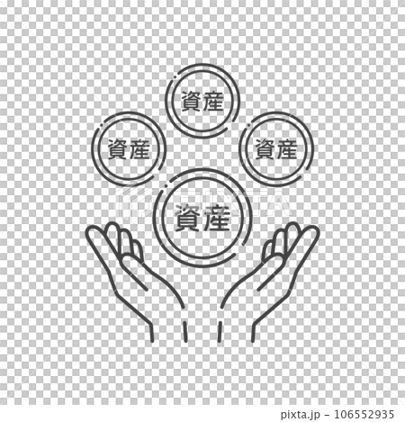資産の文字が入った複数のコインと人の手のシンプルなアイコン - 資産運用･分散保有のイメージ 106552935