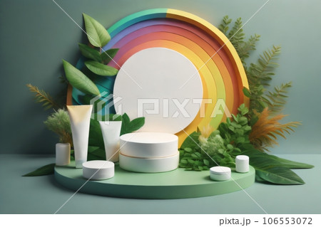 A high-definition photo capturing a white, round podium mockup template, encircled by fresh green foliage for presenting organic cosmetic products. Created with generative AI tools 106553072