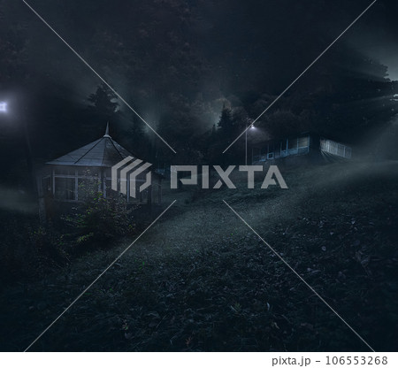 Lost place. Abandoned sanatorium. Lonely lanterns and gazebos. Forgotten in the forest. High quality photo 106553268