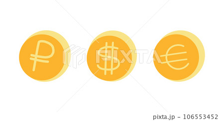 Golden cartoon coins with ruble, dollar and euro 106553452