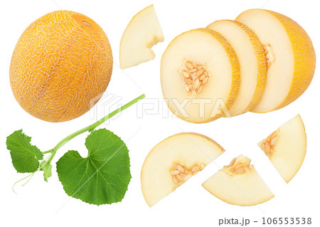 Melon half isolated on white background . Top view. Flat lay Melon half isolated on white background . Top view. Flat lay 106553538