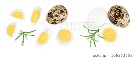 boiled quail egg isolated on white background with full depth of field. Top view. Flat lay 106553555