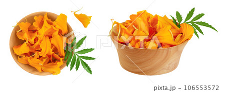 petals of fresh marigold or tagetes erecta flower isolated on white background with full depth of field. Top view. Flat lay petals of fresh marigold or tagetes erecta flower isolated on white background with full depth of field. Top view. Flat lay 106553572