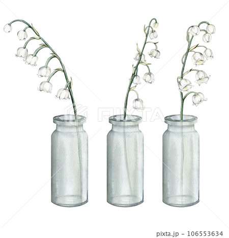 Watercolor floral elements with white tender spring lilies of the valley. Set of elements for the design of printing cards, invitations to weddings, birthdays, spring and summer holidays. Clipart Watercolor floral elements with white tender spring lilies of the valley. Set of elements for the design of printing cards, invitations to weddings, birthdays, spring and summer holidays. Clipart 106553634