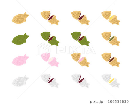 いろんな種類のたい焼き手描きカラーイラストアイコンセット 106553639