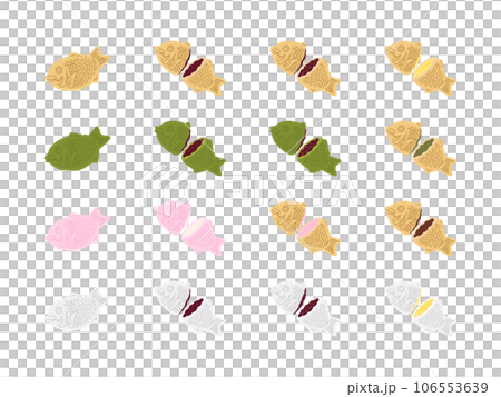 いろんな種類のたい焼き手描きカラーイラストアイコンセット 106553639
