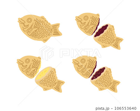 いろんな種類のたい焼き手描きカラーイラストアイコンセット 106553640