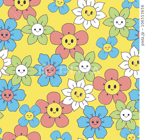 Seamless pattern with bright smiling flowers. Vector graphics. 106553656