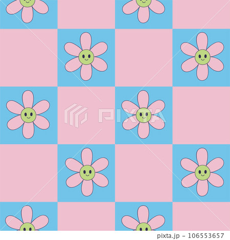Checkered seamless pattern with cute smiling flowers. Vector graphics. 106553657