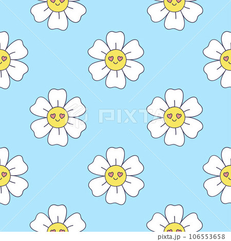 Cute blue seamless pattern with smiling flowers. Vector graphics. 106553658