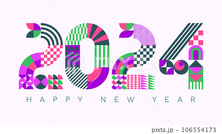 2024 modern geometric lettering New Year card. Memphis style typeface. 106554173
