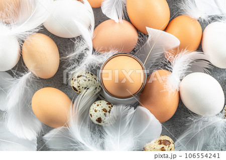 Chicken and quail eggs with feathers on light background. top view Chicken and quail eggs with feathers on light background. top view 106554241