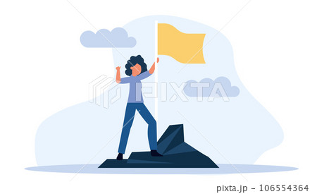 Woman climbed to the top mountain with flag flat illustration achievement concept. Business goal leadership career winner. Climb growth employee motivation vision. Up hill direction challenge peak Woman climbed to the top mountain with flag flat illustration achievement concept. Business goal leadership career winner. Climb growth employee motivation vision. Up hill direction challenge peak 106554364