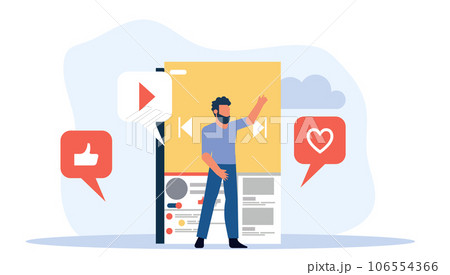 Man blogger vector illustration communication internet. Online blog on smartphone concept social mobile network. Review for like video content live streaming user. Phone vlog stream discussion speech Man blogger vector illustration communication internet. Online blog on smartphone concept social mobile network. Review for like video content live streaming user. Phone vlog stream discussion speech 106554366