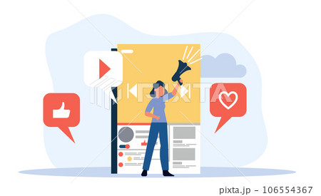 Woman blogger vector illustration communication internet. Online blog on smartphone concept social mobile network. Review like video content live streaming user. Phone vlog stream discussion speech Woman blogger vector illustration communication internet. Online blog on smartphone concept social mobile network. Review like video content live streaming user. Phone vlog stream discussion speech 106554367
