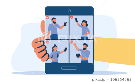 Group video call vector communication conference business screen technology. Office team chat meeting illustration network. Digital conversation remote talk. Virtual speak service teleconference 106554368