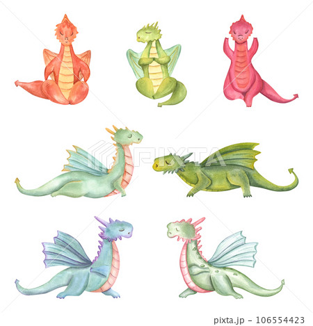 Set of stylish cartoon Dragons in various poses of yoga. Animal meditation. Colored Dragons practicing fitness exercises. Watercolor illustration isolated on white background. Set of stylish cartoon Dragons in various poses of yoga. Animal meditation. Colored Dragons practicing fitness exercises. Watercolor illustration isolated on white background. 106554423