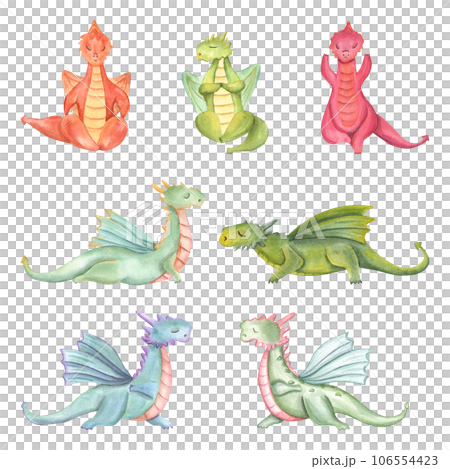 Set of stylish cartoon Dragons in various poses of yoga. Animal meditation. Colored Dragons practicing fitness exercises. Watercolor illustration isolated on white background. Set of stylish cartoon Dragons in various poses of yoga. Animal meditation. Colored Dragons practicing fitness exercises. Watercolor illustration isolated on white background. 106554423