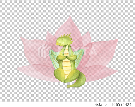 Green Dragon sitting in lotus pose. Cartoon style. Animal practicing fitness exercises. Watercolor illustration isolated on white background. Hand drawn clip art for design 106554424