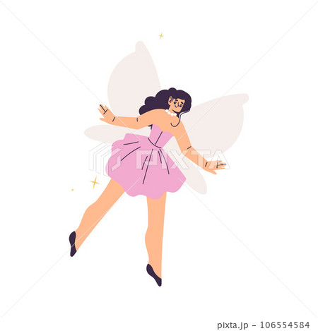 Beautiful Woman Fairy with Wings in Pink Dress Fluttering Around Vector Illustration 106554584