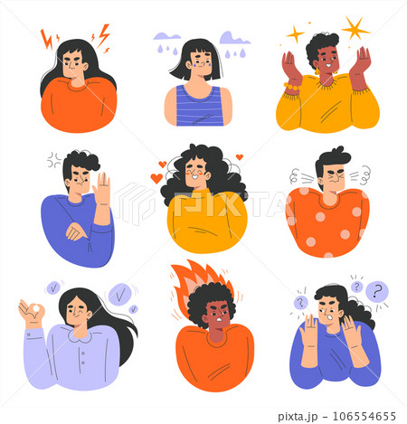 Emotions with Man and Woman with Different Facial Expressions Vector Set 106554655